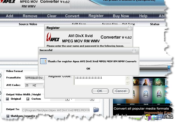 Apex AVI MPEG MOV RM WMV Converter 4.62破解补丁